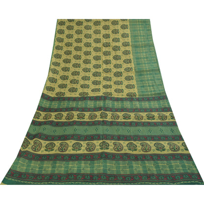 Sanskriti Vintage Sarees Indian Green Pure Cotton Printed Sari 5+yd Craft Fabric