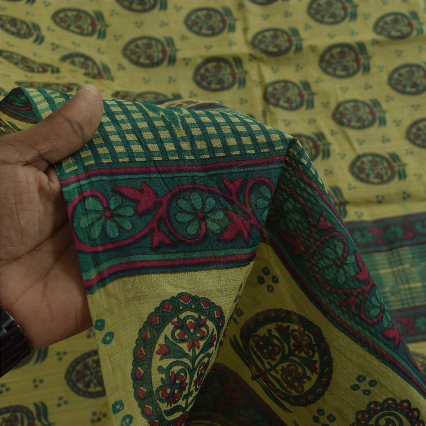 Sanskriti Vintage Sarees Indian Green Pure Cotton Printed Sari 5+yd Craft Fabric