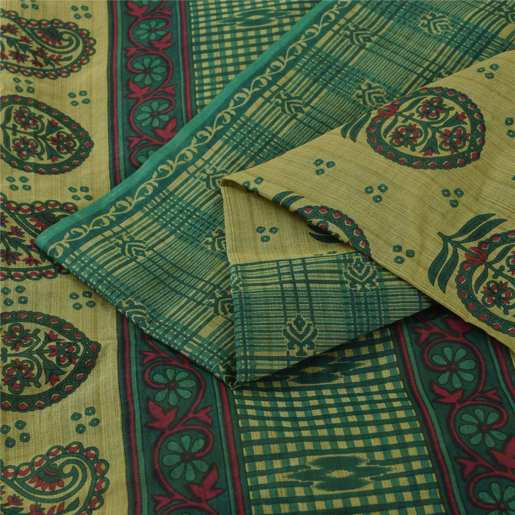 Sanskriti Vintage Sarees Indian Green Pure Cotton Printed Sari 5+yd Craft Fabric
