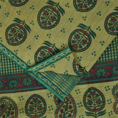 Sanskriti Vintage Sarees Indian Green Pure Cotton Printed Sari 5+yd Craft Fabric