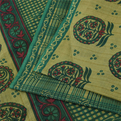 Sanskriti Vintage Sarees Indian Green Pure Cotton Printed Sari 5+yd Craft Fabric
