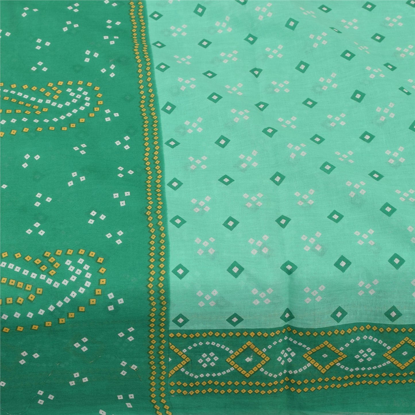 Sanskriti Vintage Sarees Sea-Green Bandhani Printed Pure Cotton Sari 5+yd Fabric