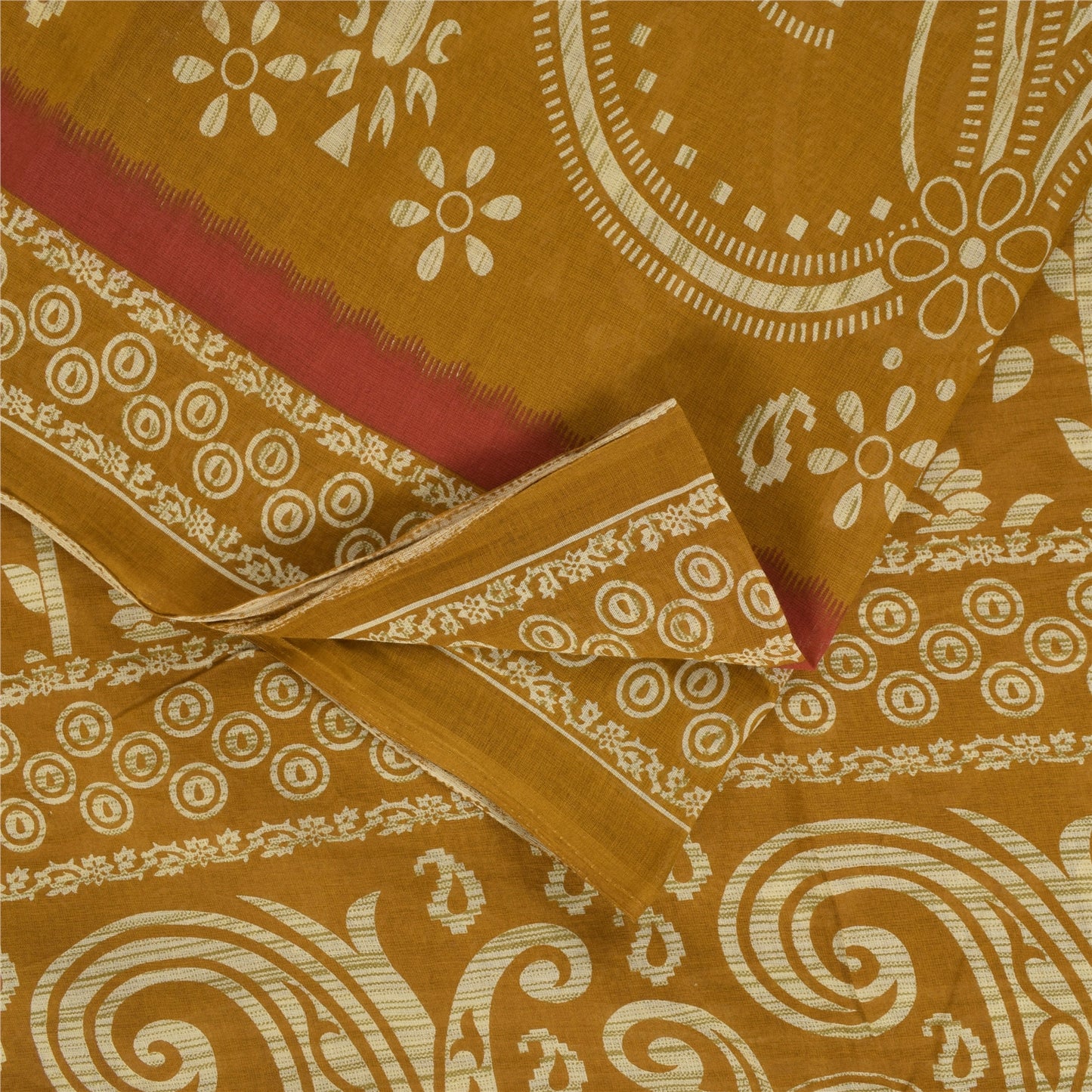 Sanskriti Vintage Sarees Indian Saffron Pure Cotton Print Sari 4+yd Craft Fabric