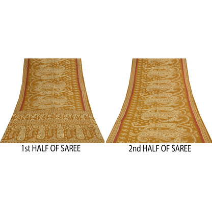 Sanskriti Vintage Sarees Indian Saffron Pure Cotton Print Sari 4+yd Craft Fabric