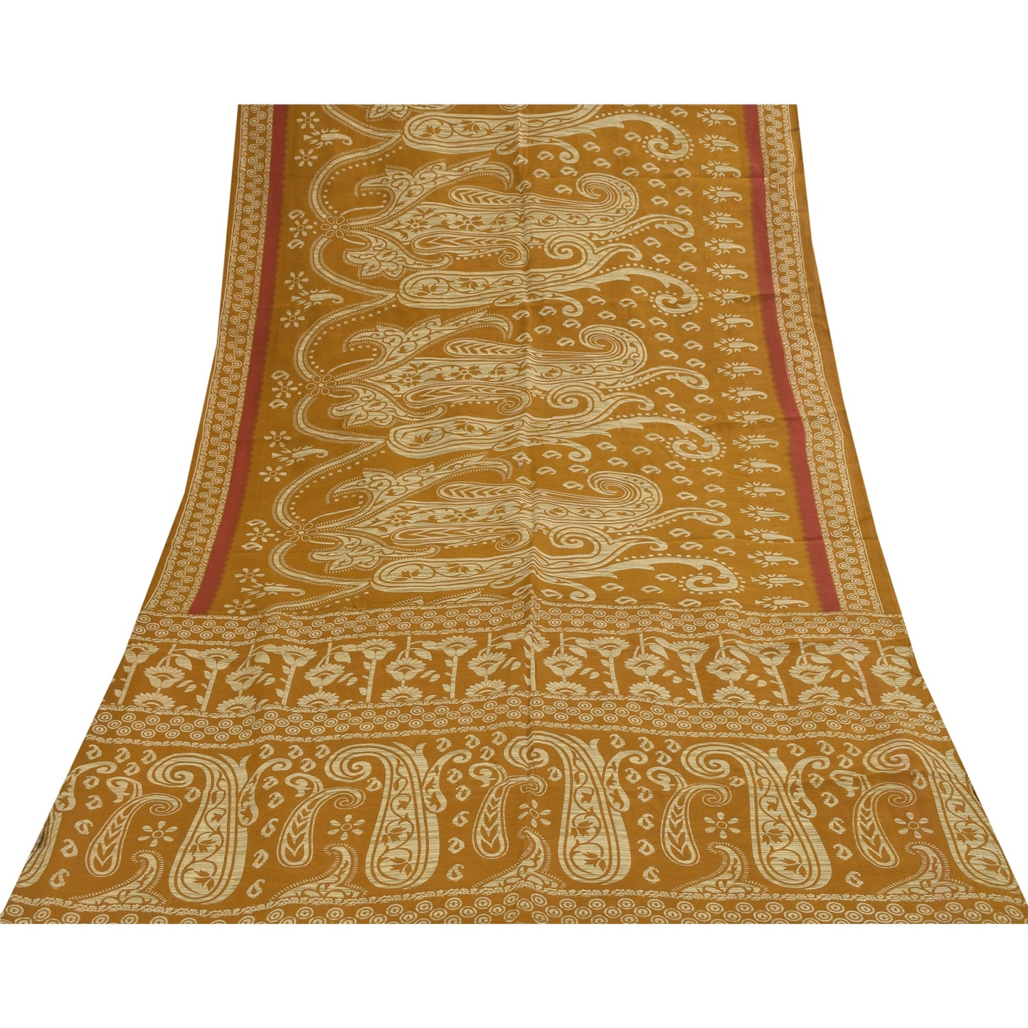 Sanskriti Vintage Sarees Indian Saffron Pure Cotton Print Sari 4+yd Craft Fabric