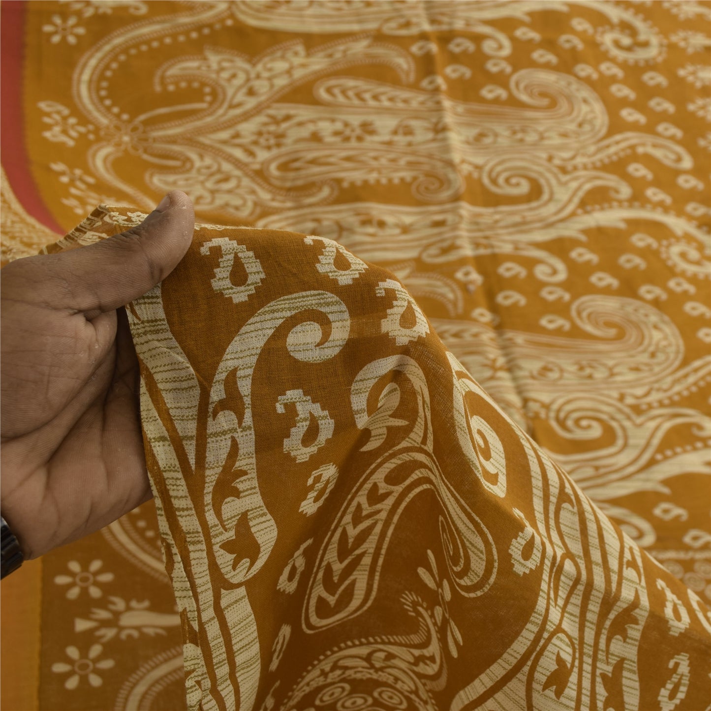 Sanskriti Vintage Sarees Indian Saffron Pure Cotton Print Sari 4+yd Craft Fabric