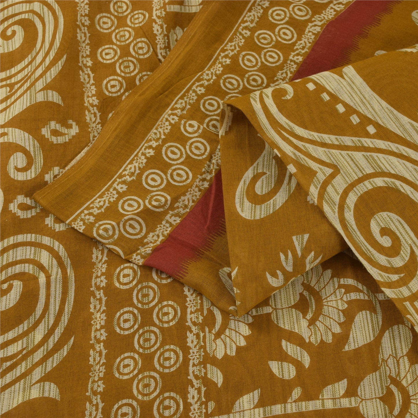 Sanskriti Vintage Sarees Indian Saffron Pure Cotton Print Sari 4+yd Craft Fabric