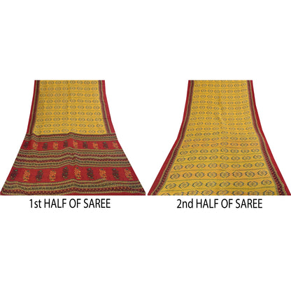 Sanskriti Vintage Sarees Indian Yellow Pure Cotton Print Sari 5+yd Craft Fabric