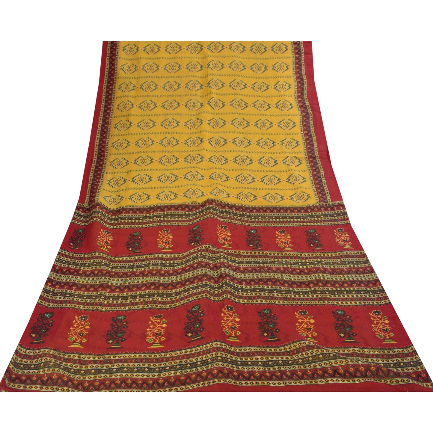 Sanskriti Vintage Sarees Indian Yellow Pure Cotton Print Sari 5+yd Craft Fabric