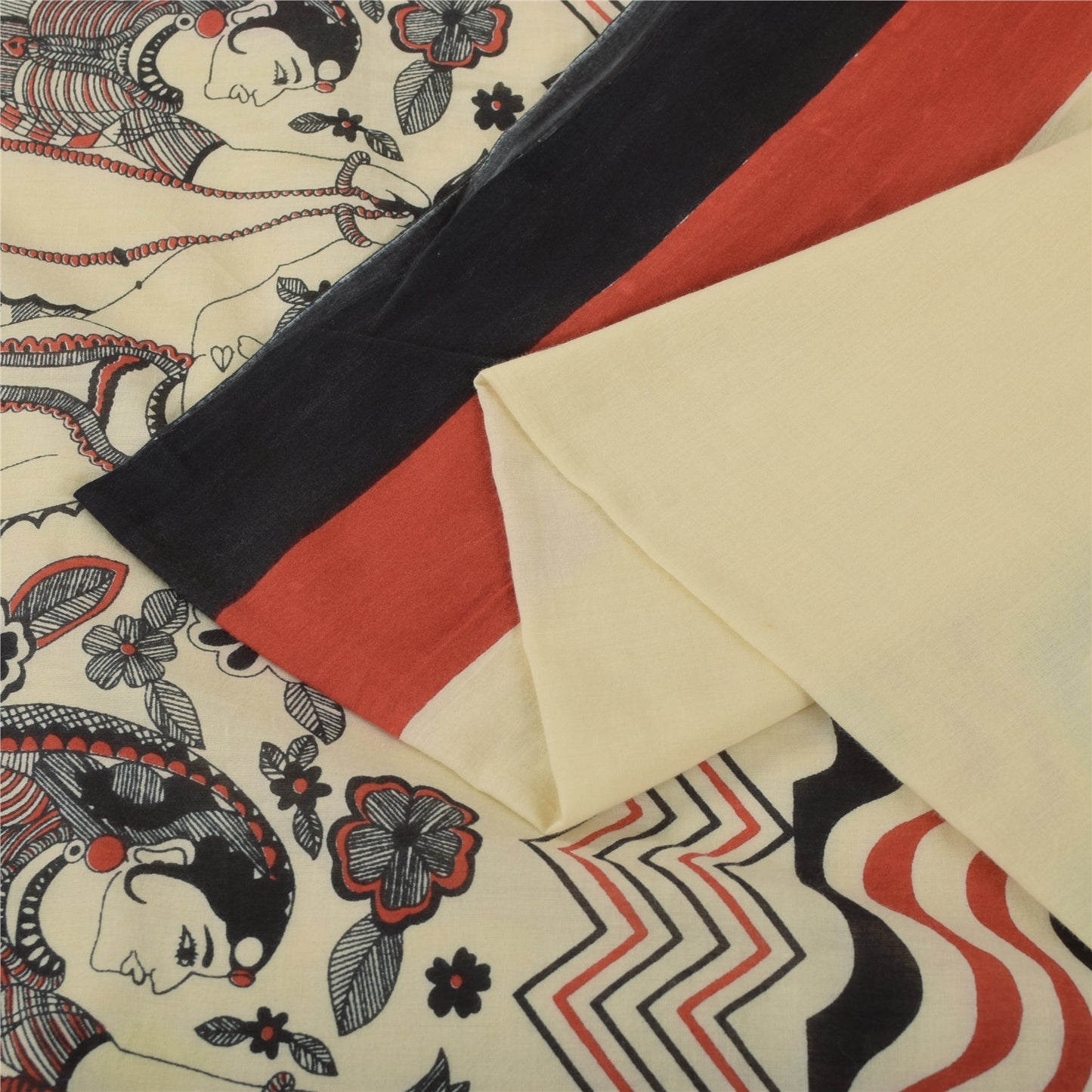 Sanskriti Vintage Sarees Indian Ivory Pure Cotton Printed Sari 5+yd Craft Fabric