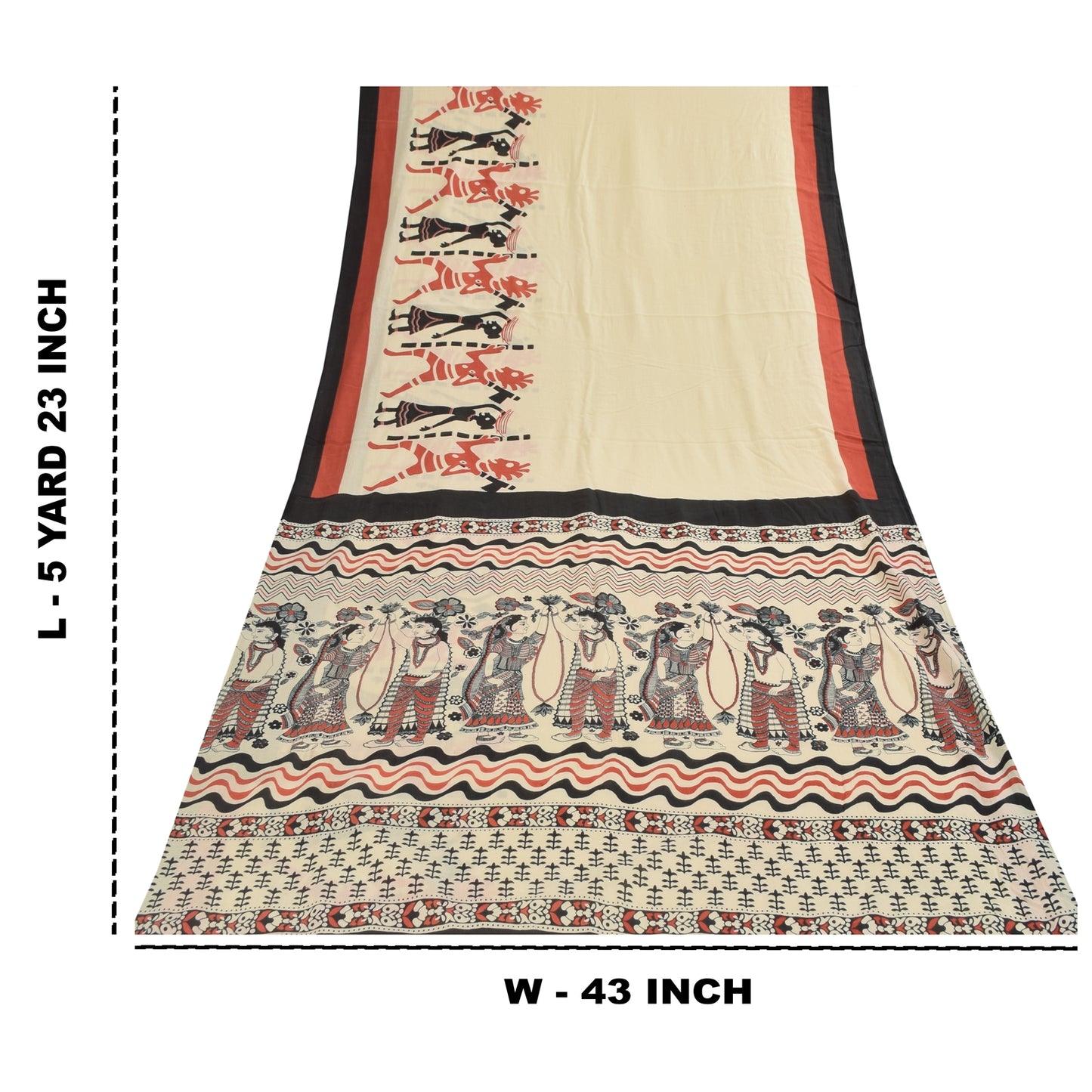 Sanskriti Vintage Sarees Indian Ivory Pure Cotton Printed Sari 5+yd Craft Fabric