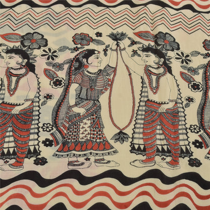 Sanskriti Vintage Sarees Indian Ivory Pure Cotton Printed Sari 5+yd Craft Fabric