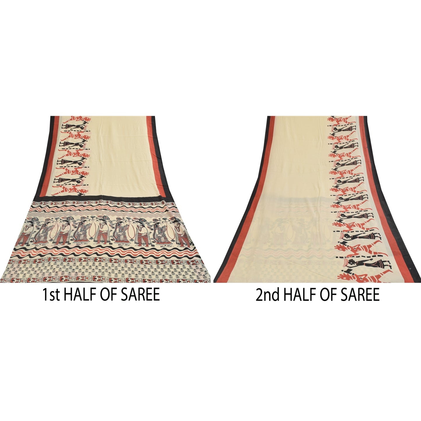 Sanskriti Vintage Sarees Indian Ivory Pure Cotton Printed Sari 5+yd Craft Fabric