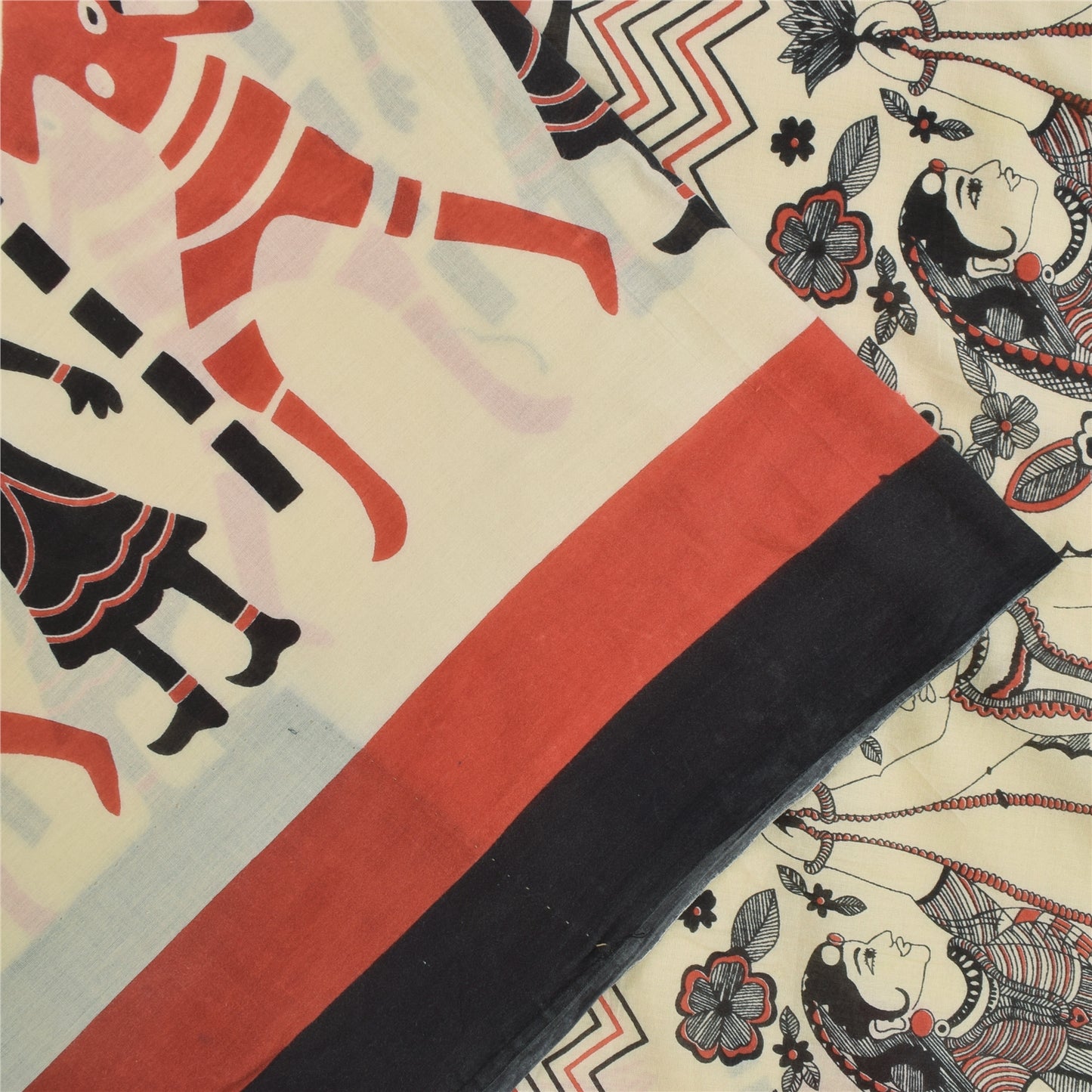 Sanskriti Vintage Sarees Indian Ivory Pure Cotton Printed Sari 5+yd Craft Fabric