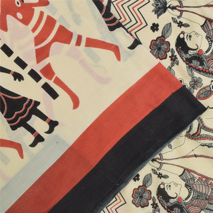 Sanskriti Vintage Sarees Indian Ivory Pure Cotton Printed Sari 5+yd Craft Fabric