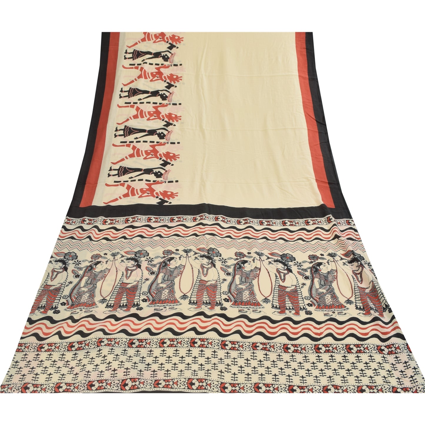 Sanskriti Vintage Sarees Indian Ivory Pure Cotton Printed Sari 5+yd Craft Fabric