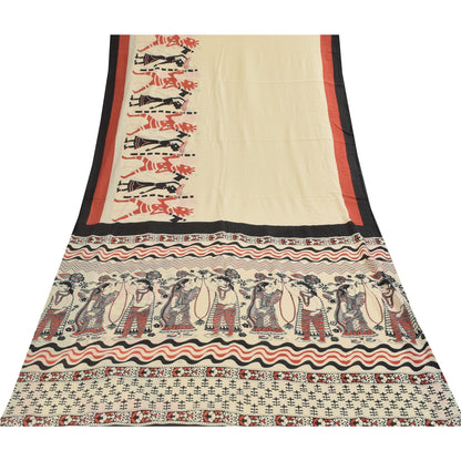 Sanskriti Vintage Sarees Indian Ivory Pure Cotton Printed Sari 5+yd Craft Fabric