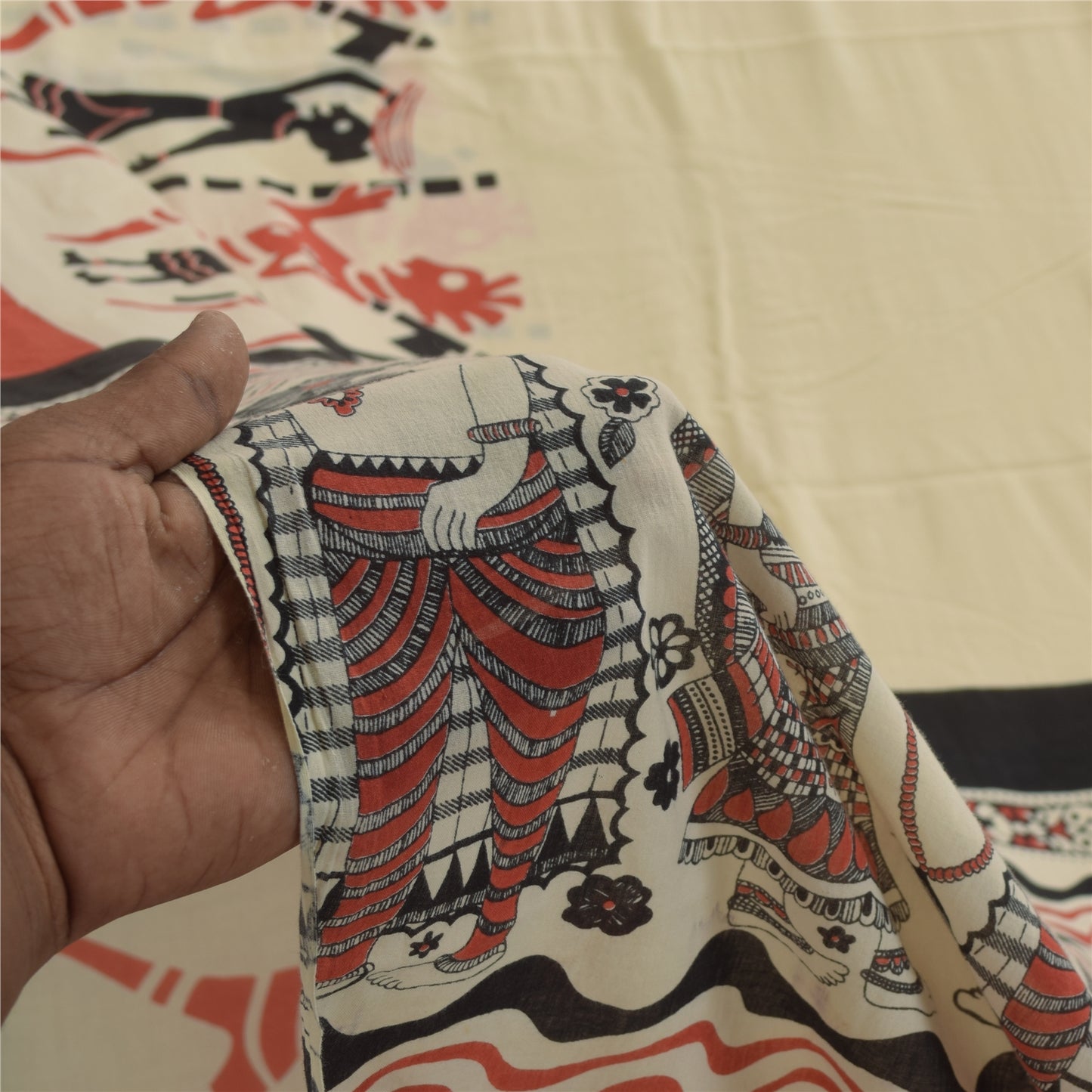 Sanskriti Vintage Sarees Indian Ivory Pure Cotton Printed Sari 5+yd Craft Fabric