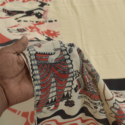 Sanskriti Vintage Sarees Indian Ivory Pure Cotton Printed Sari 5+yd Craft Fabric