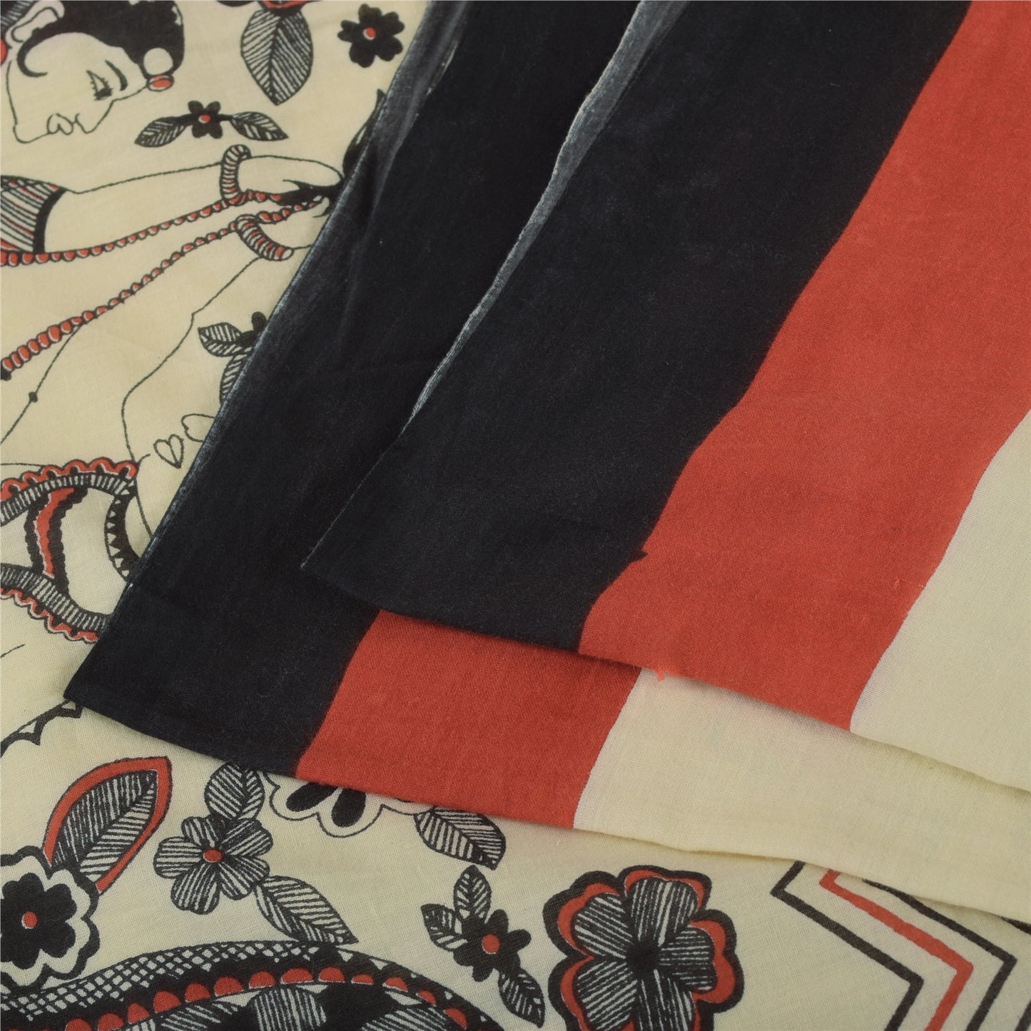 Sanskriti Vintage Sarees Indian Ivory Pure Cotton Printed Sari 5+yd Craft Fabric