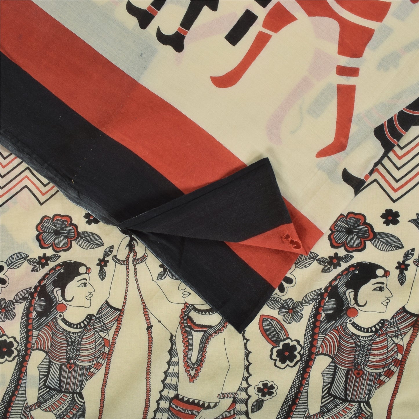 Sanskriti Vintage Sarees Indian Ivory Pure Cotton Printed Sari 5+yd Craft Fabric