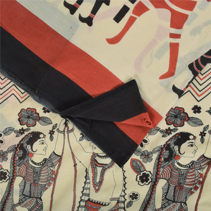 Sanskriti Vintage Sarees Indian Ivory Pure Cotton Printed Sari 5+yd Craft Fabric