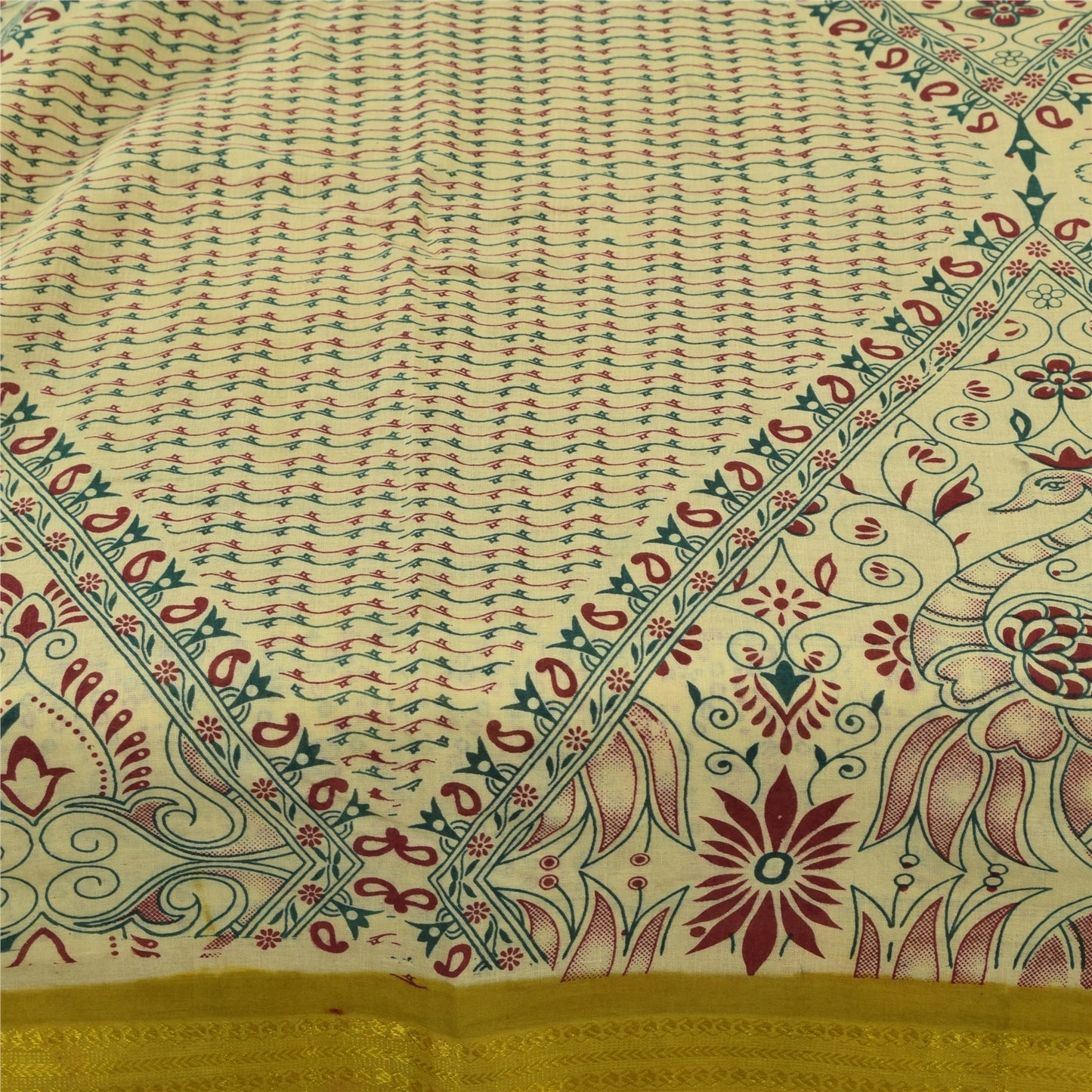 Sanskriti Vintage Sarees Green Pure Cotton Peacock Print Sari 5+yd Craft Fabric