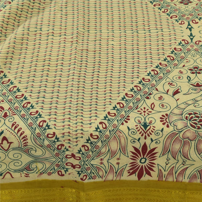 Sanskriti Vintage Sarees Green Pure Cotton Peacock Print Sari 5+yd Craft Fabric