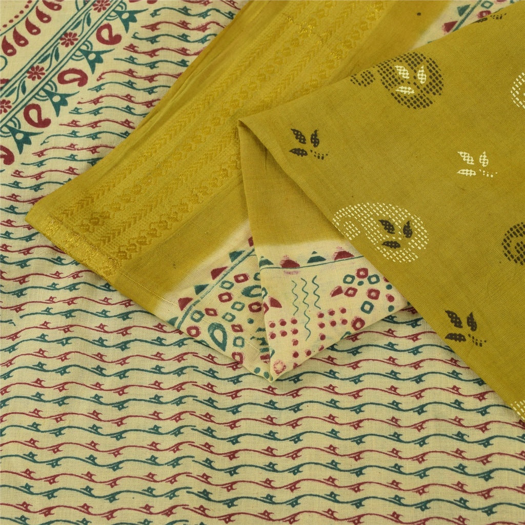 Sanskriti Vintage Sarees Green Pure Cotton Peacock Print Sari 5+yd Craft Fabric