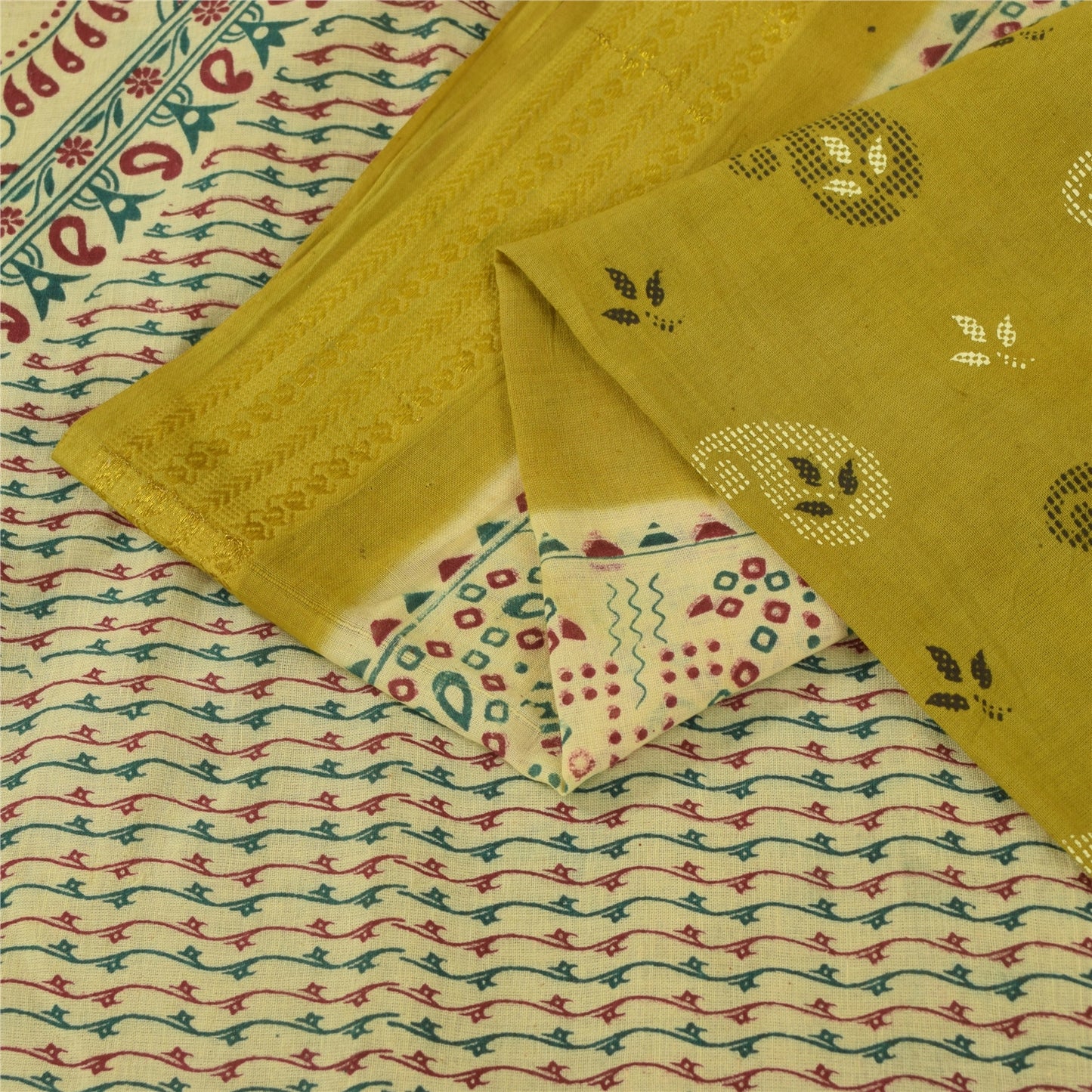 Sanskriti Vintage Sarees Green Pure Cotton Peacock Print Sari 5+yd Craft Fabric