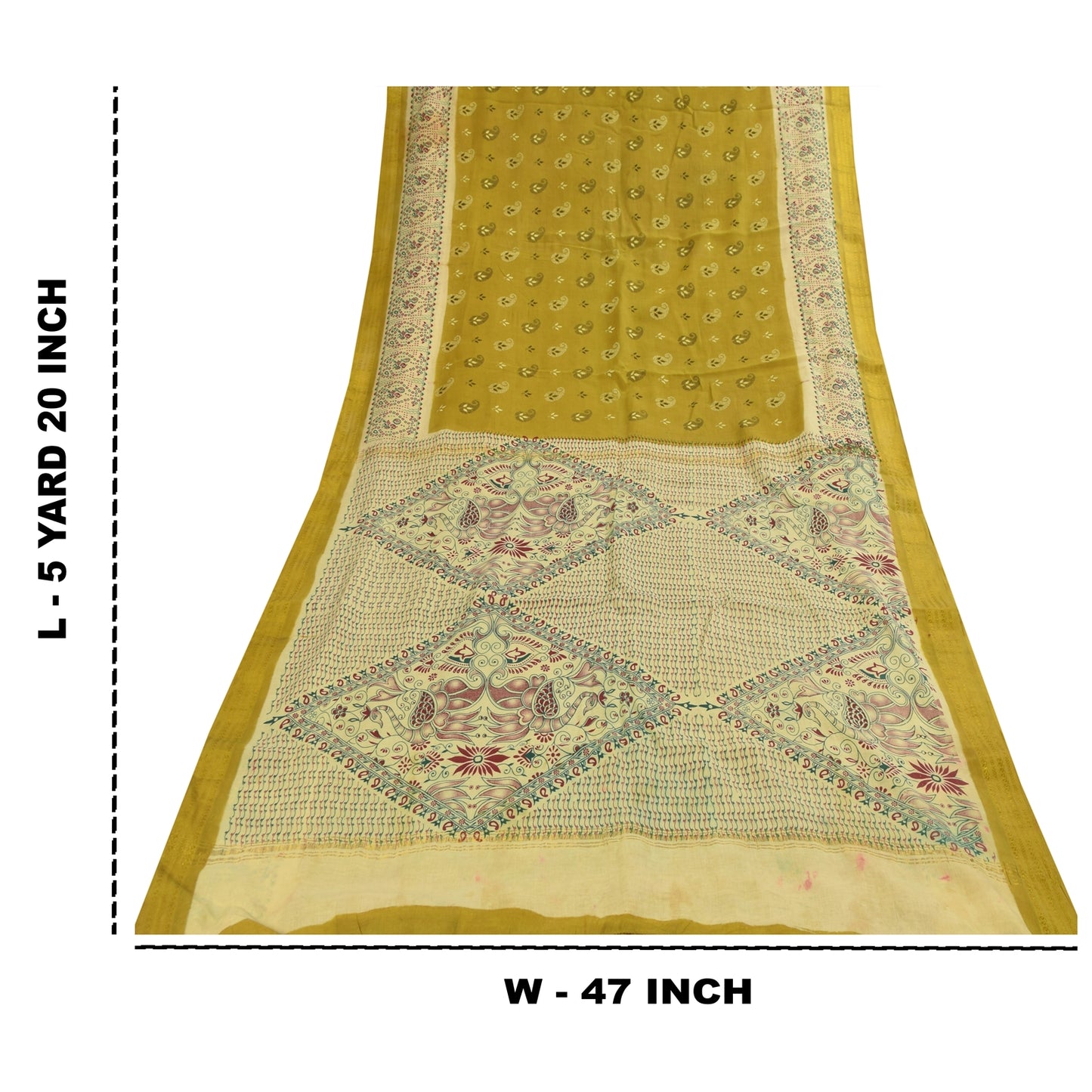 Sanskriti Vintage Sarees Green Pure Cotton Peacock Print Sari 5+yd Craft Fabric