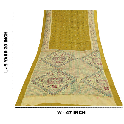 Sanskriti Vintage Sarees Green Pure Cotton Peacock Print Sari 5+yd Craft Fabric