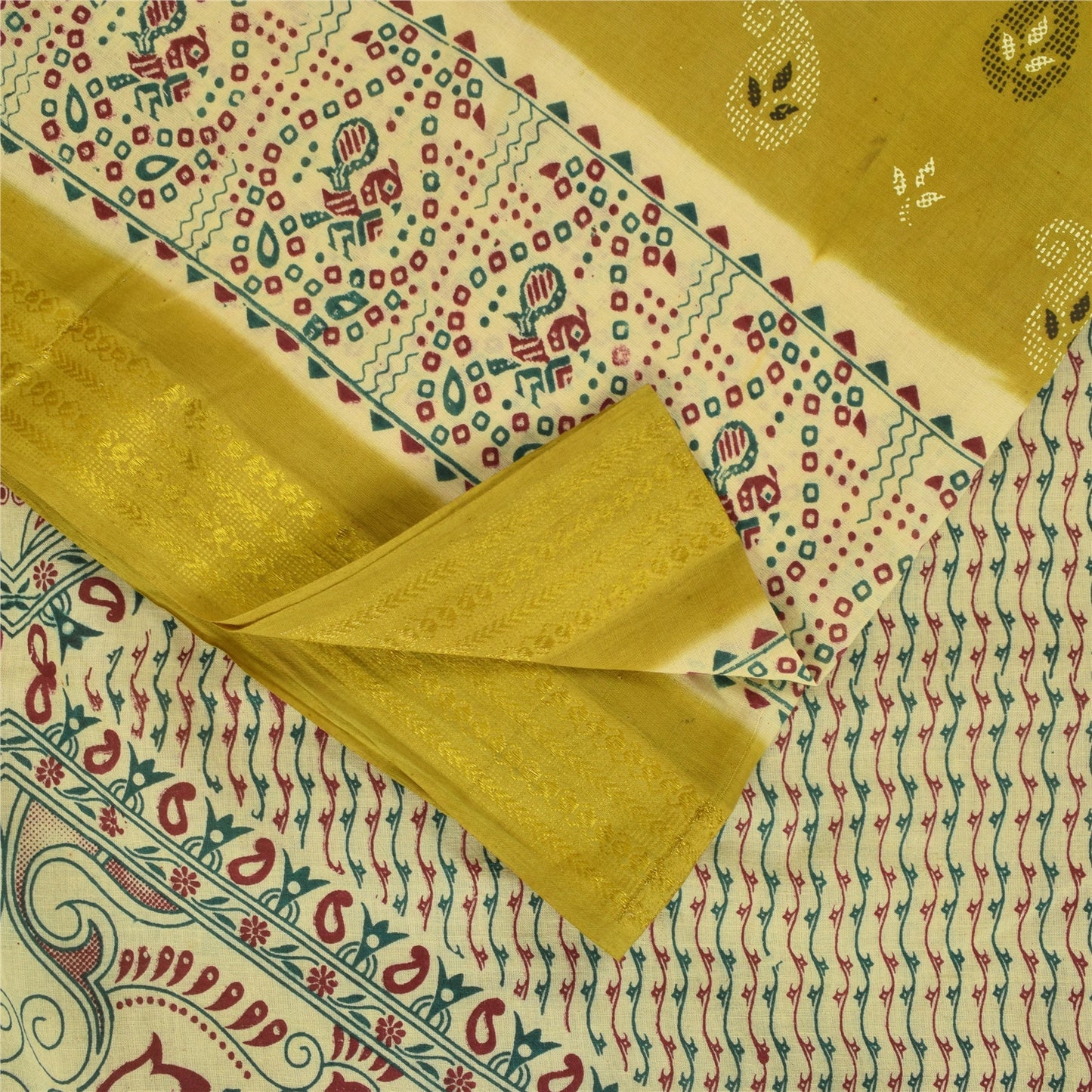 Sanskriti Vintage Sarees Green Pure Cotton Peacock Print Sari 5+yd Craft Fabric