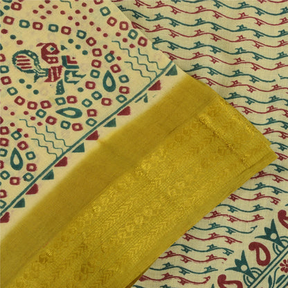 Sanskriti Vintage Sarees Green Pure Cotton Peacock Print Sari 5+yd Craft Fabric