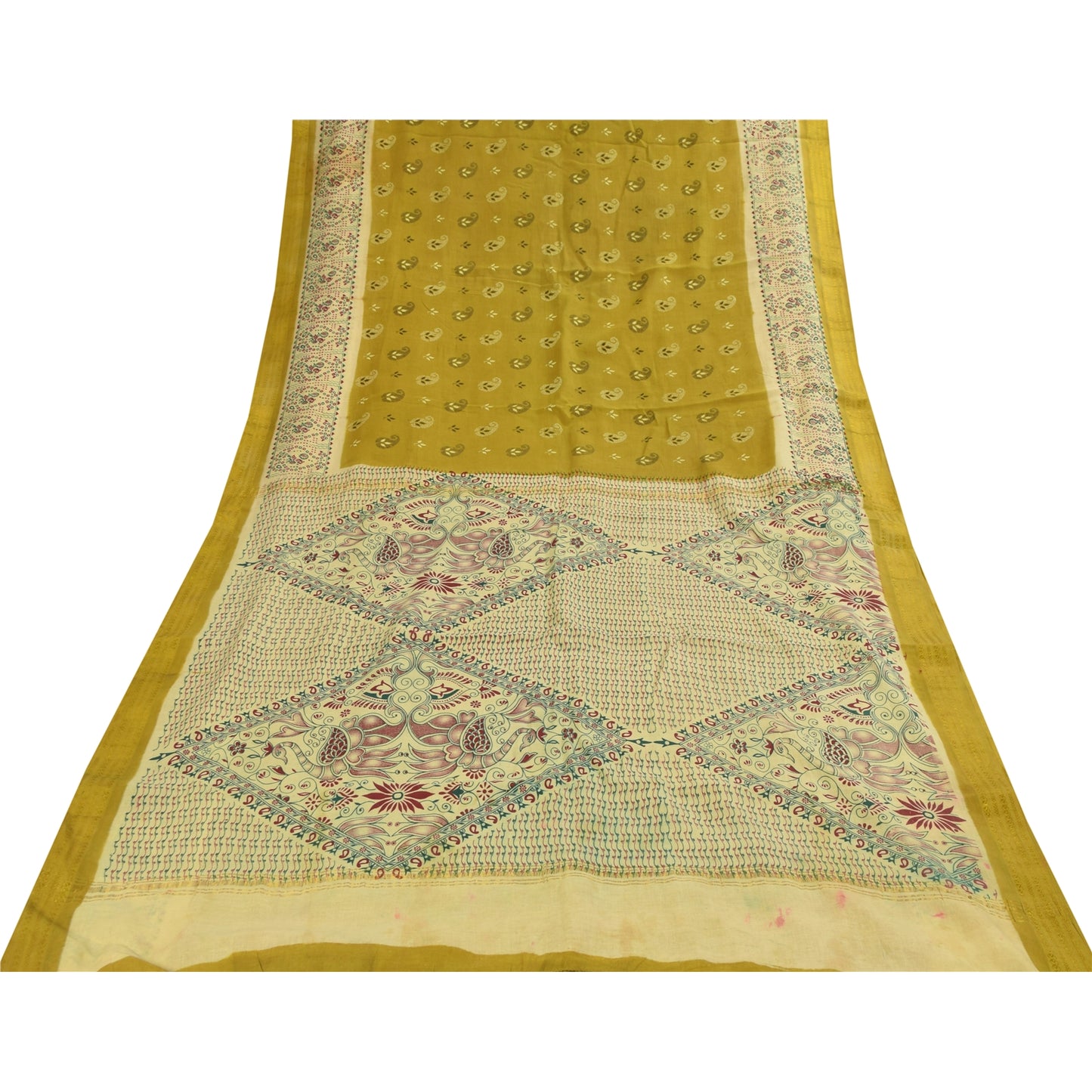 Sanskriti Vintage Sarees Green Pure Cotton Peacock Print Sari 5+yd Craft Fabric