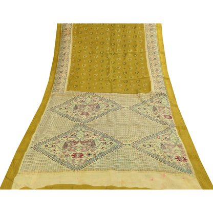 Sanskriti Vintage Sarees Green Pure Cotton Peacock Print Sari 5+yd Craft Fabric