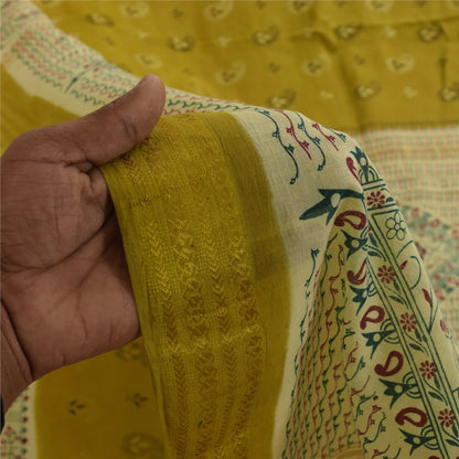 Sanskriti Vintage Sarees Green Pure Cotton Peacock Print Sari 5+yd Craft Fabric