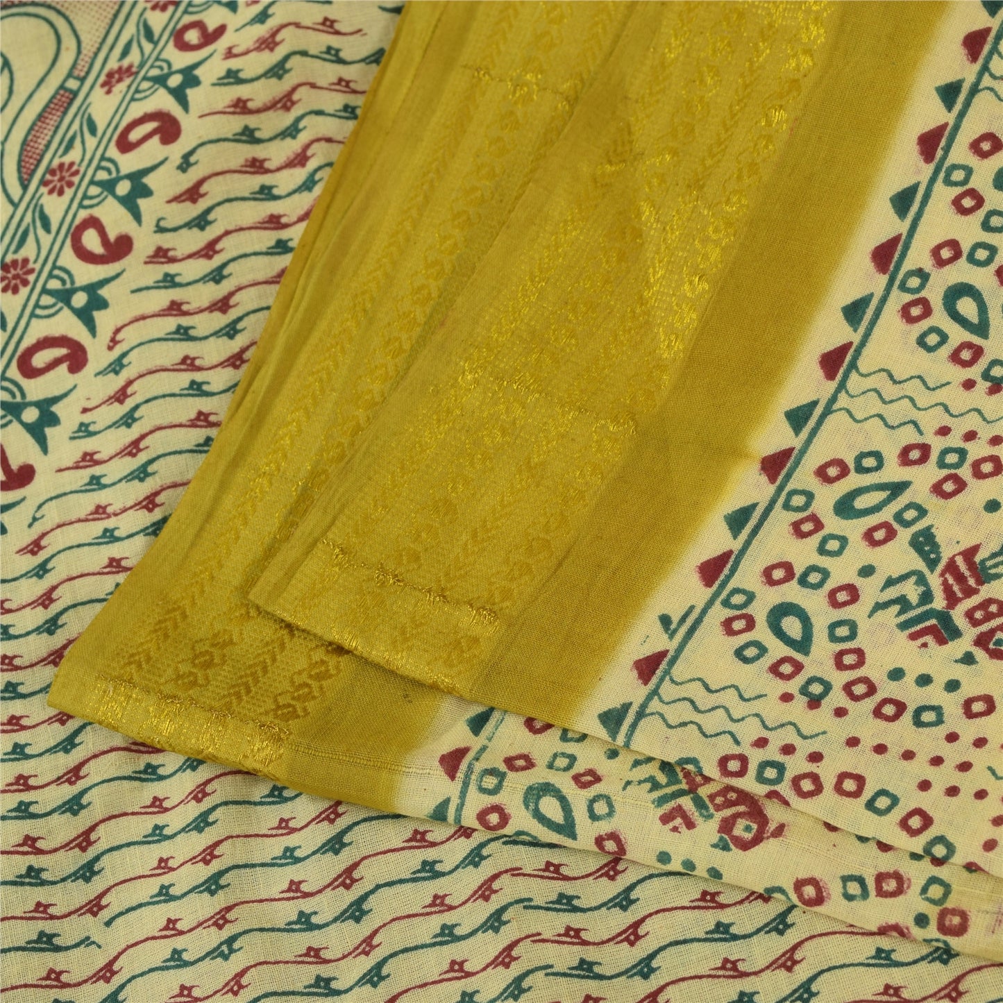 Sanskriti Vintage Sarees Green Pure Cotton Peacock Print Sari 5+yd Craft Fabric