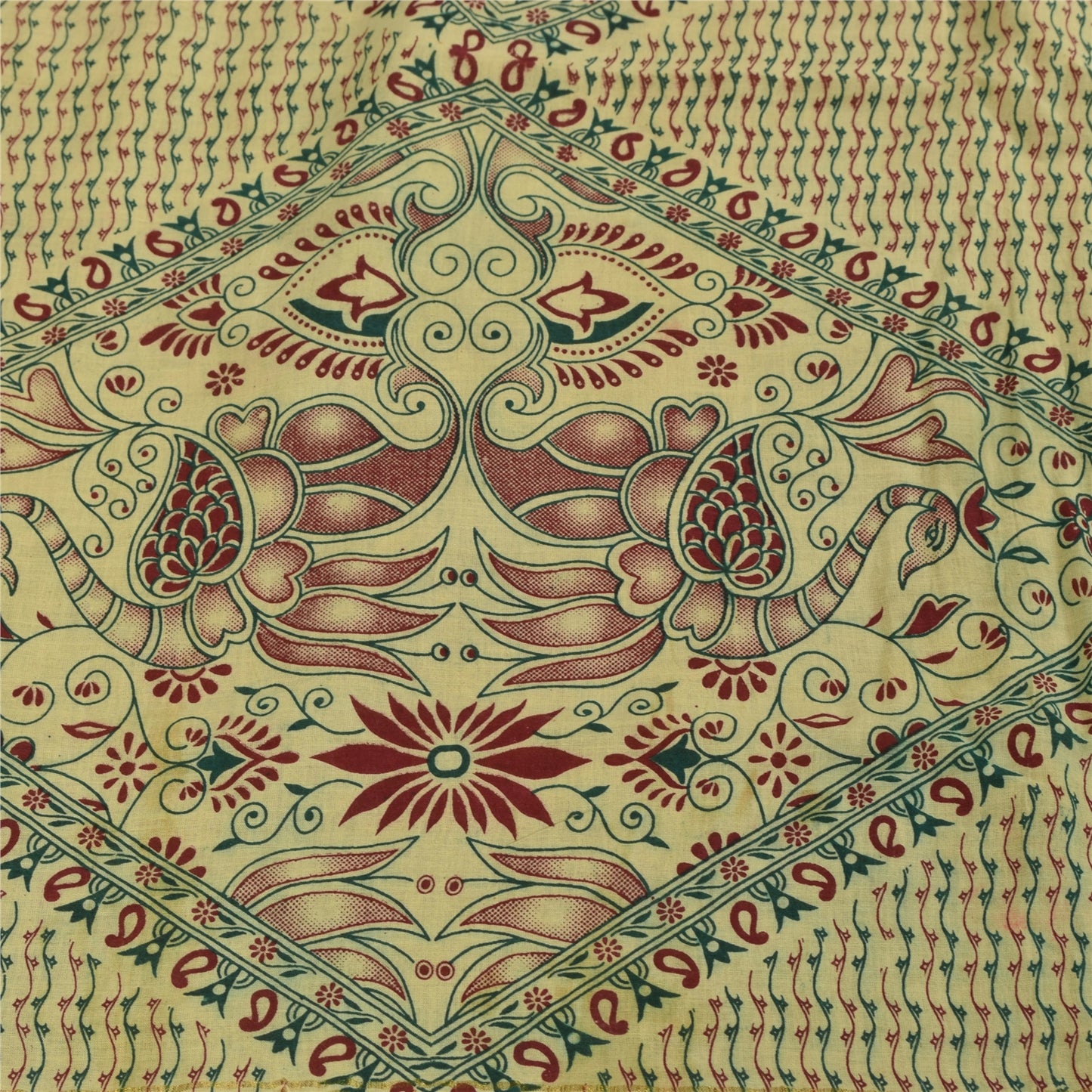 Sanskriti Vintage Sarees Green Pure Cotton Peacock Print Sari 5+yd Craft Fabric