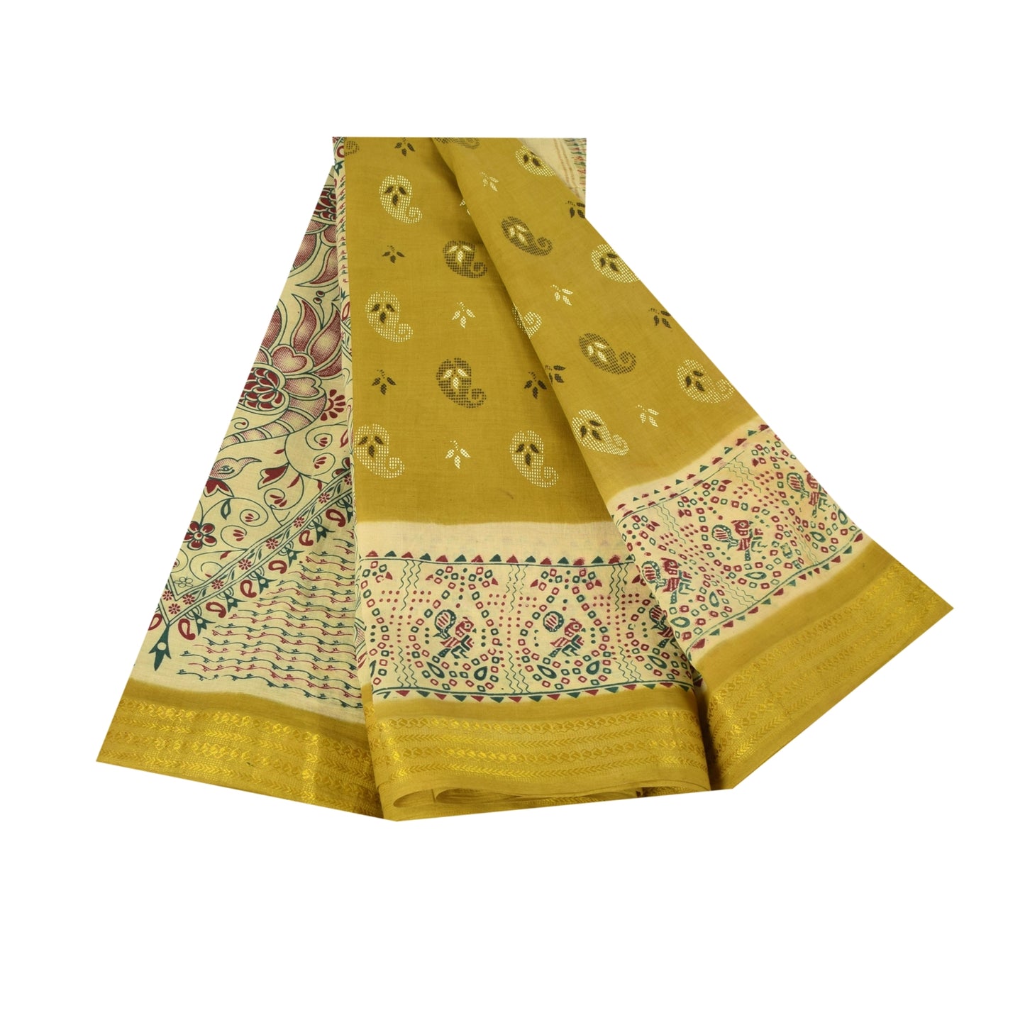 Sanskriti Vintage Sarees Green Pure Cotton Peacock Print Sari 5+yd Craft Fabric