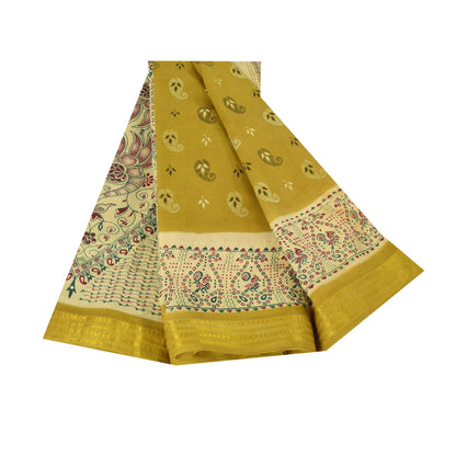 Sanskriti Vintage Sarees Green Pure Cotton Peacock Print Sari 5+yd Craft Fabric