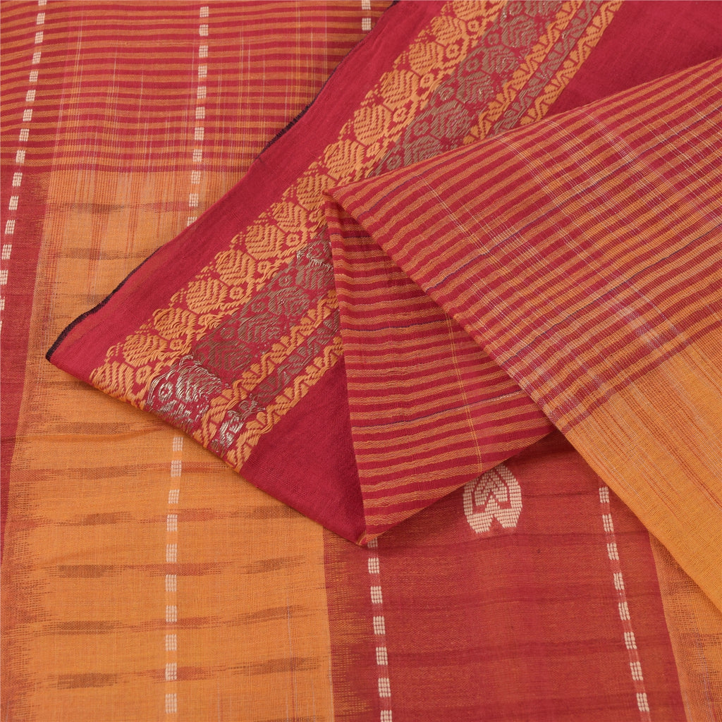 Sanskriti Vintage Sarees Red & Yellow Beghampuri Woven Pure Cotton Sari Fabric