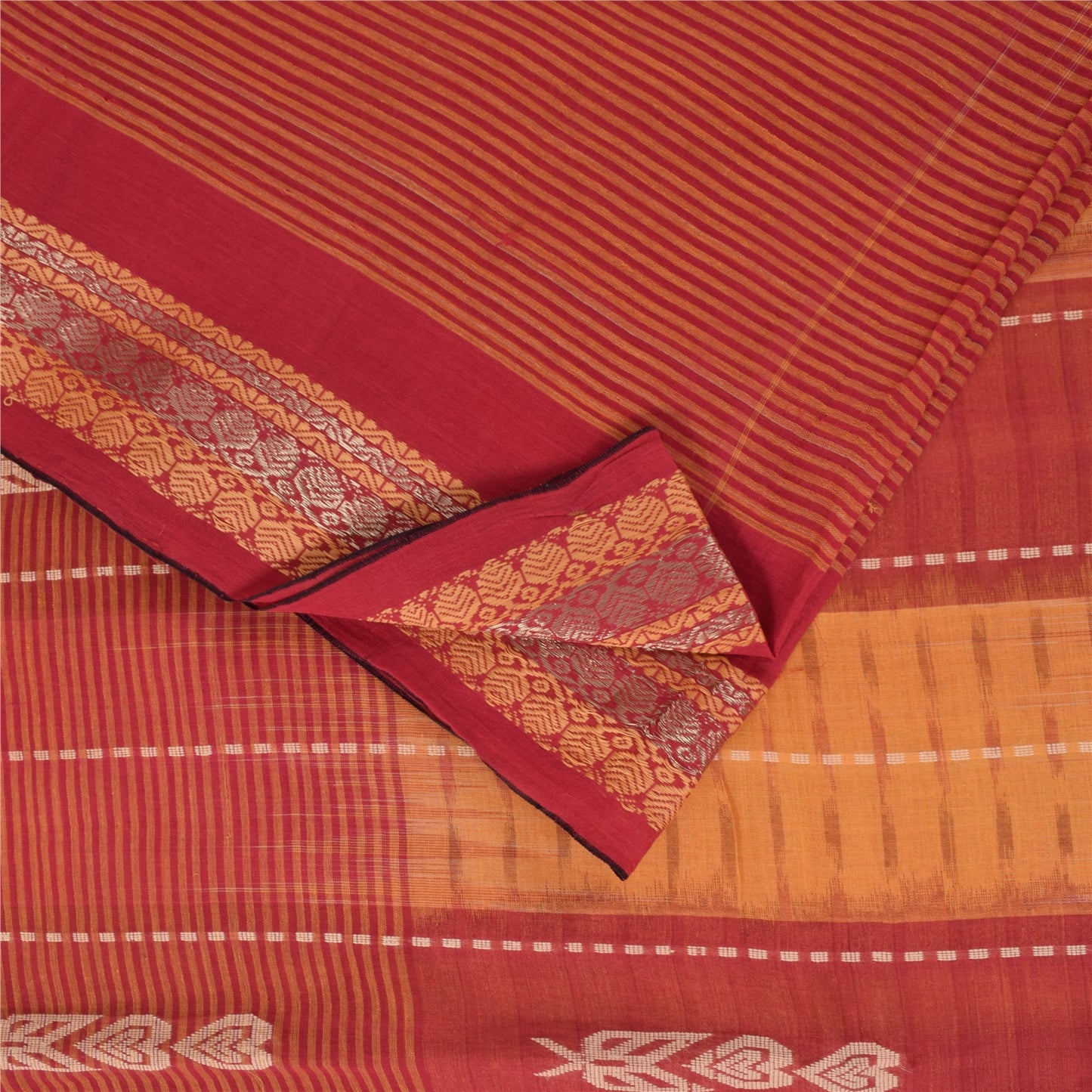 Sanskriti Vintage Sarees Red & Yellow Beghampuri Woven Pure Cotton Sari Fabric
