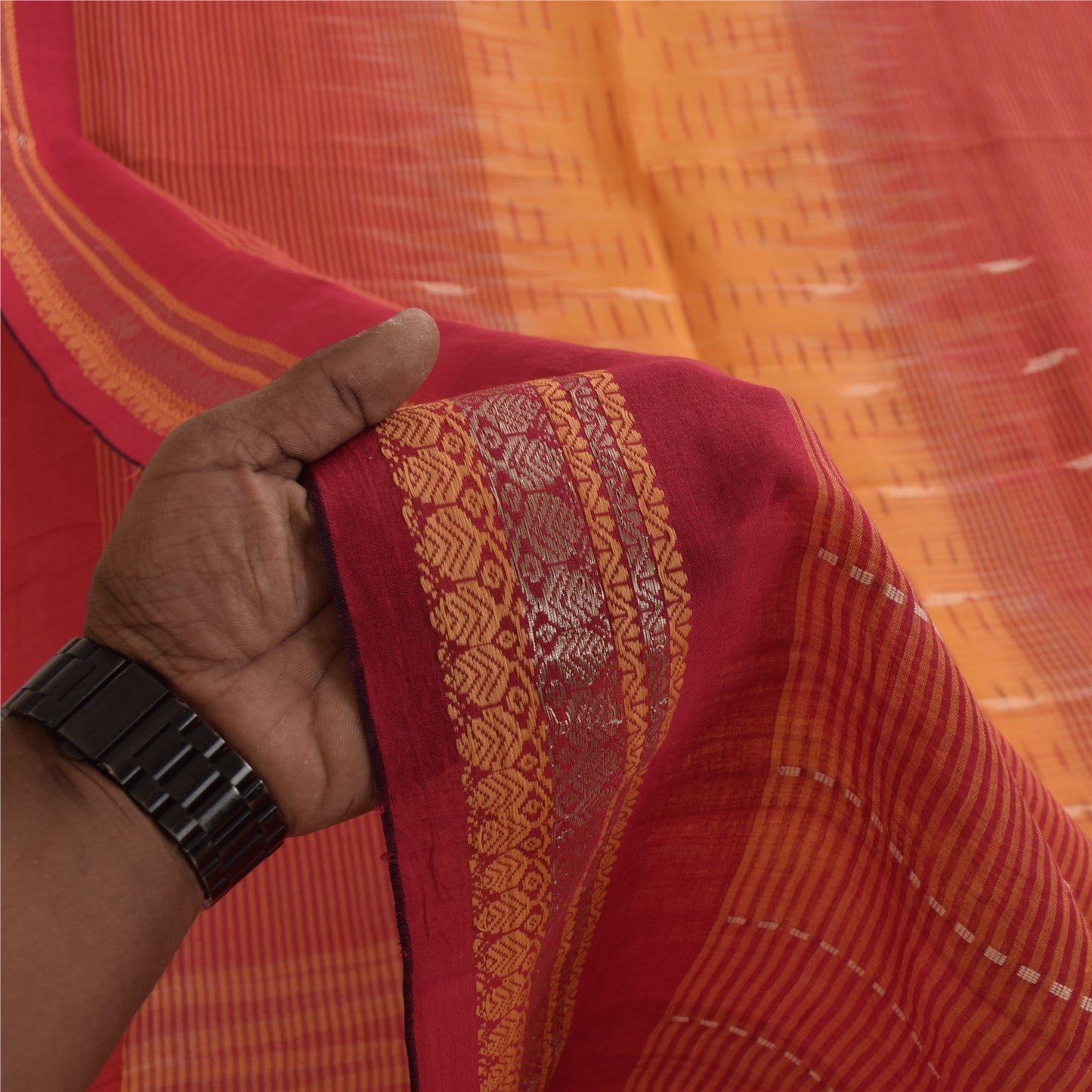 Sanskriti Vintage Sarees Red & Yellow Beghampuri Woven Pure Cotton Sari Fabric