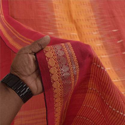 Sanskriti Vintage Sarees Red & Yellow Beghampuri Woven Pure Cotton Sari Fabric