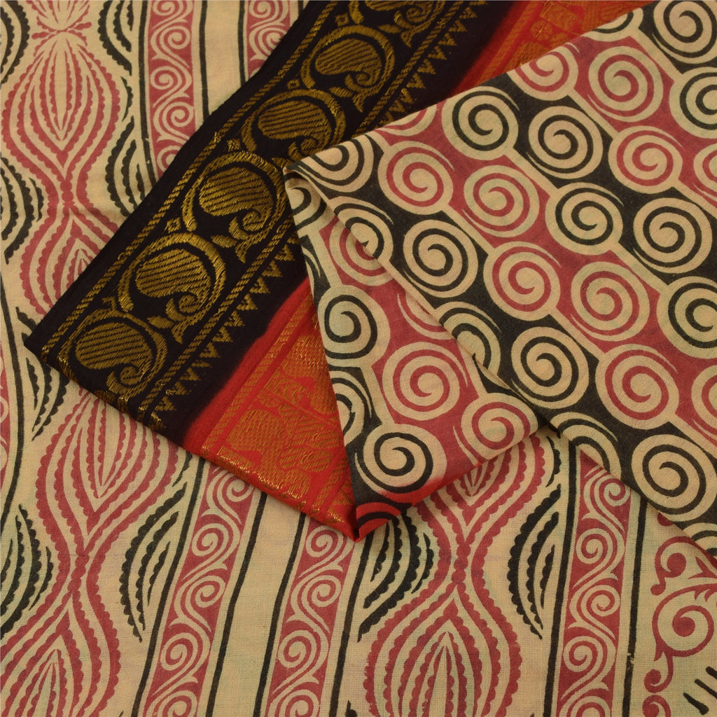 Sanskriti Vintage Sarees Pure Cotton Printed Woven Border Sari 5+yd Craft Fabric