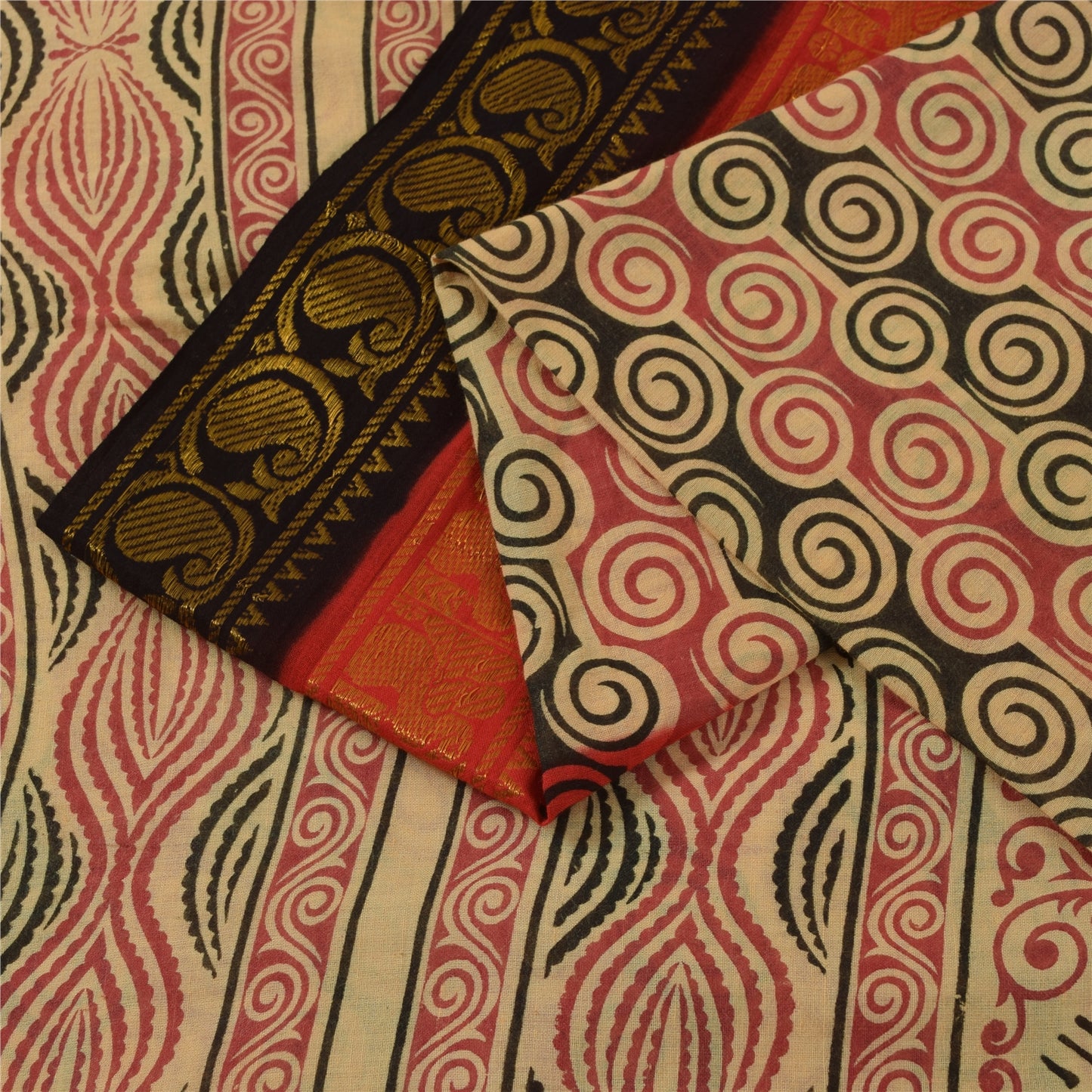 Sanskriti Vintage Sarees Pure Cotton Printed Woven Border Sari 5+yd Craft Fabric