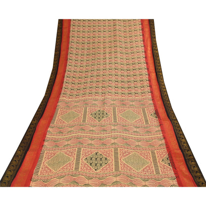 Sanskriti Vintage Sarees Pure Cotton Printed Woven Border Sari 5+yd Craft Fabric