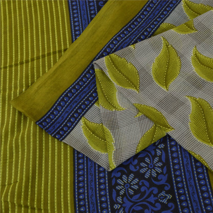 Sanskriti Vintage Sarees Gray & Green Pure Cotton Printed Sari 5+yd Craft Fabric