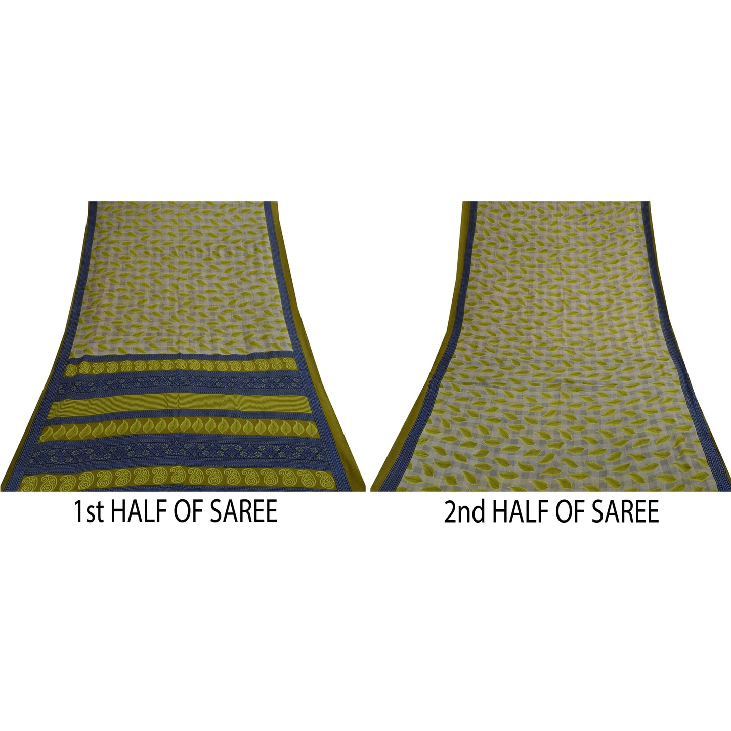 Sanskriti Vintage Sarees Gray & Green Pure Cotton Printed Sari 5+yd Craft Fabric